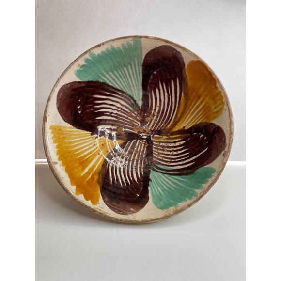 Vintage Mexican Drip Ware Pottery Bowl Hand-Painted Brown Green & Yellow Design